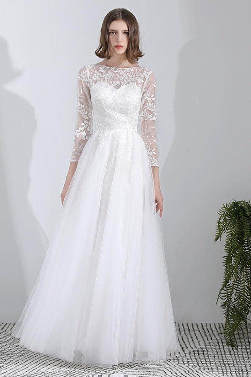 A-Line Floor Length Lace Tulle Wedding Dress 629871670095 - COCOMELODY
